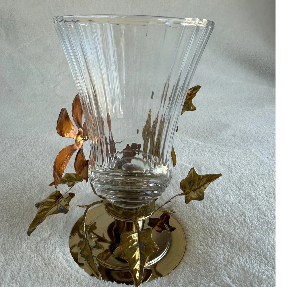 Vintage Homco Glass Candle Votive Sconce Copper Gold Leaves‎ Brass Base Fairy